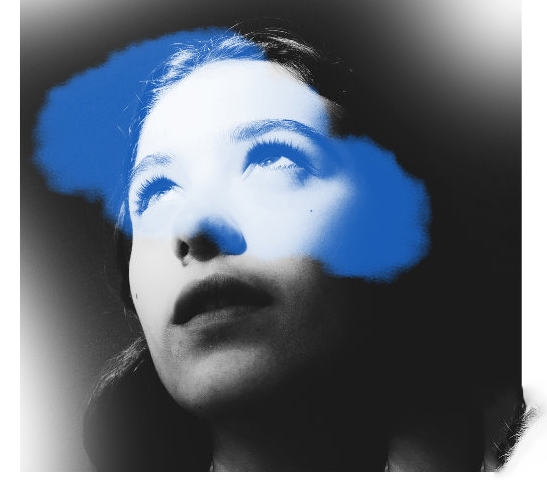 Lilit L Hovhanni in black and white, face turned up, eyes half closed, under a painted patch of blue.
