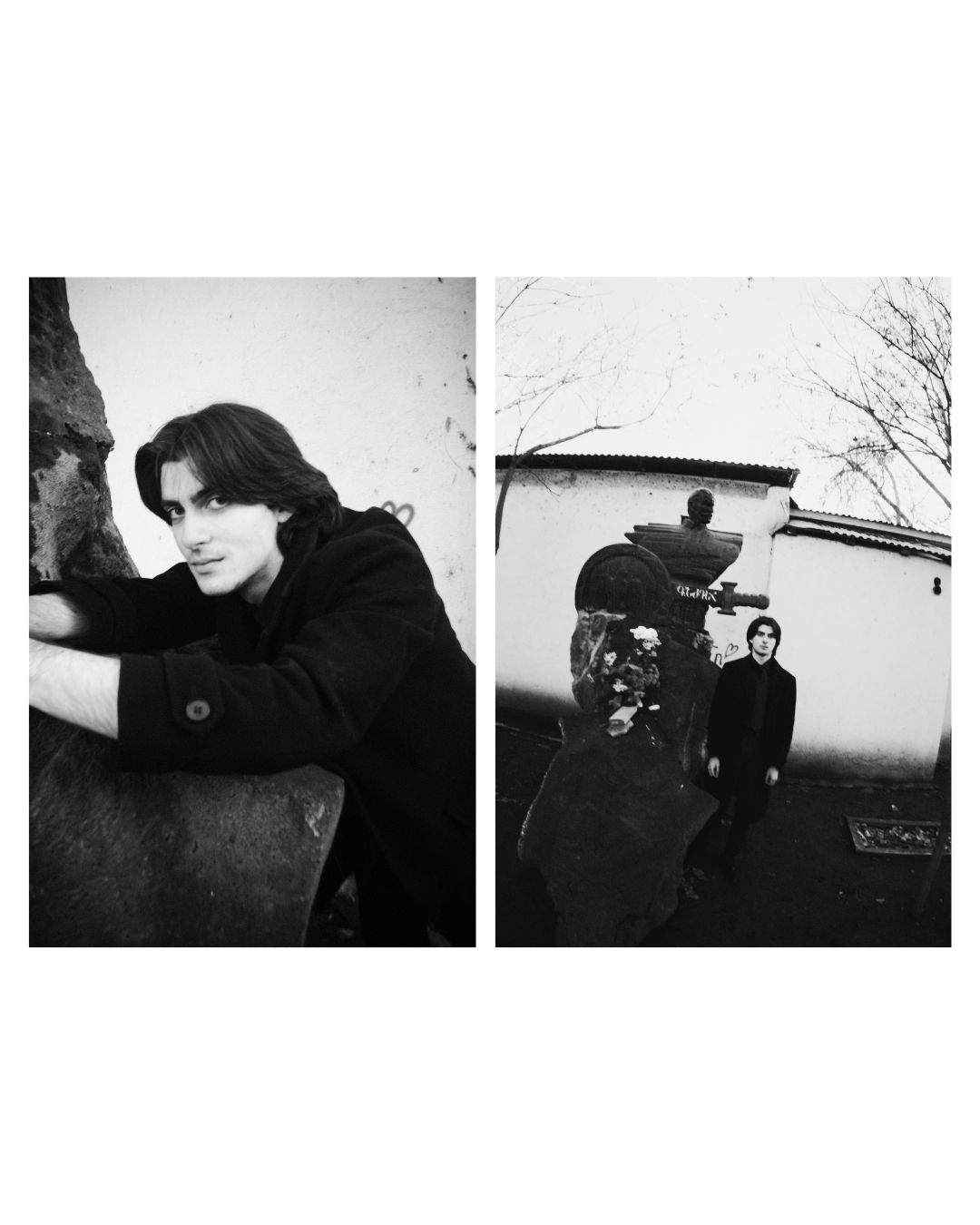 A man in dark clothing in an outdoor black and white composition by Lilit L Hovhanni.