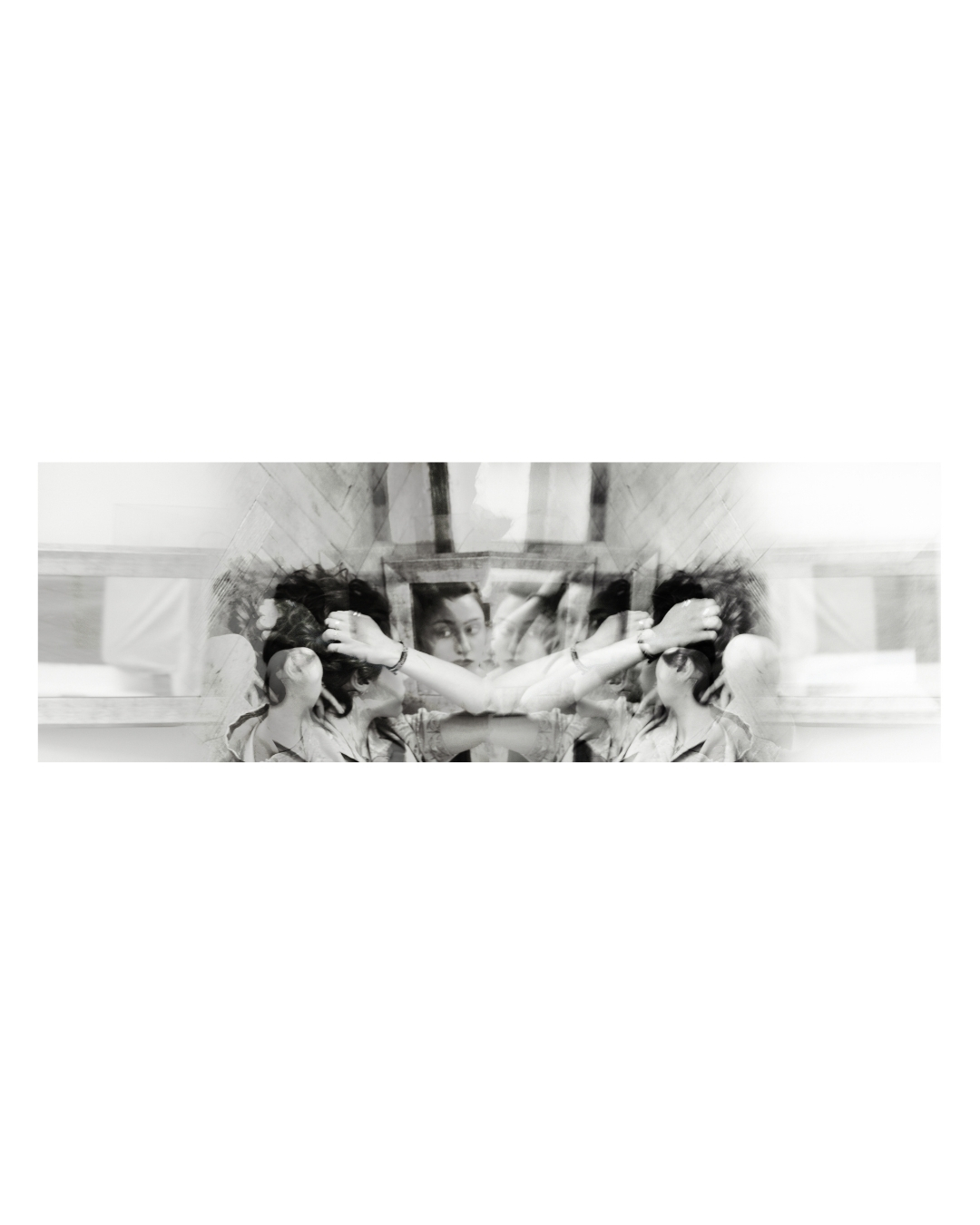 A woman's face and upper body appear in layered black-and-white tones within a wide white border.