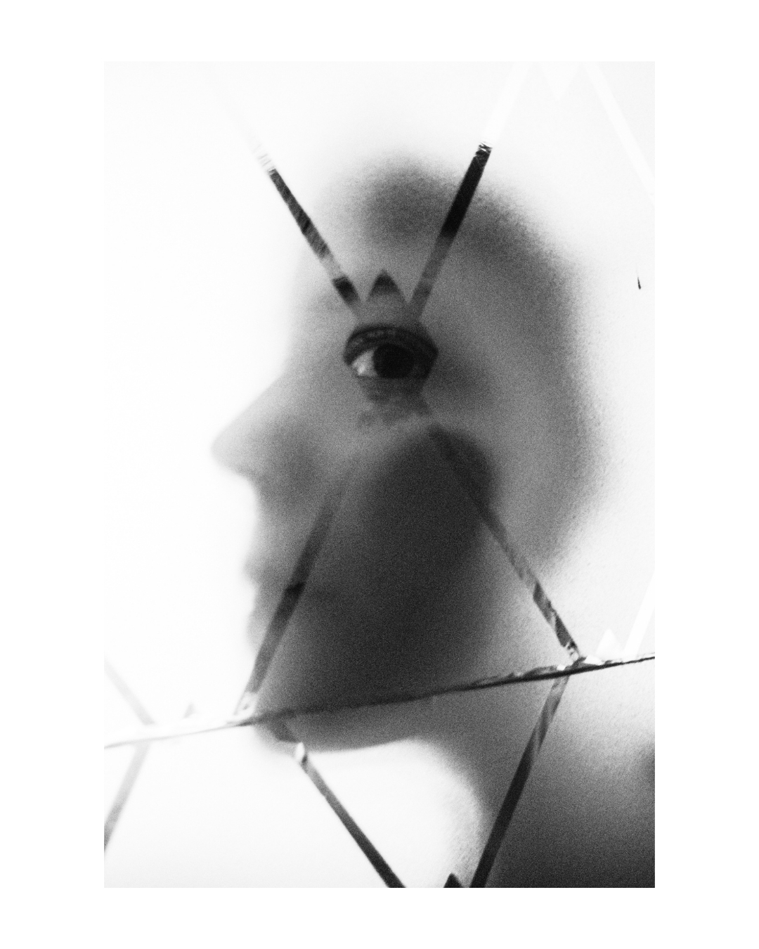 A figure's face and upper body partly obscured by translucent patterns, with dark shadows against pale light.
