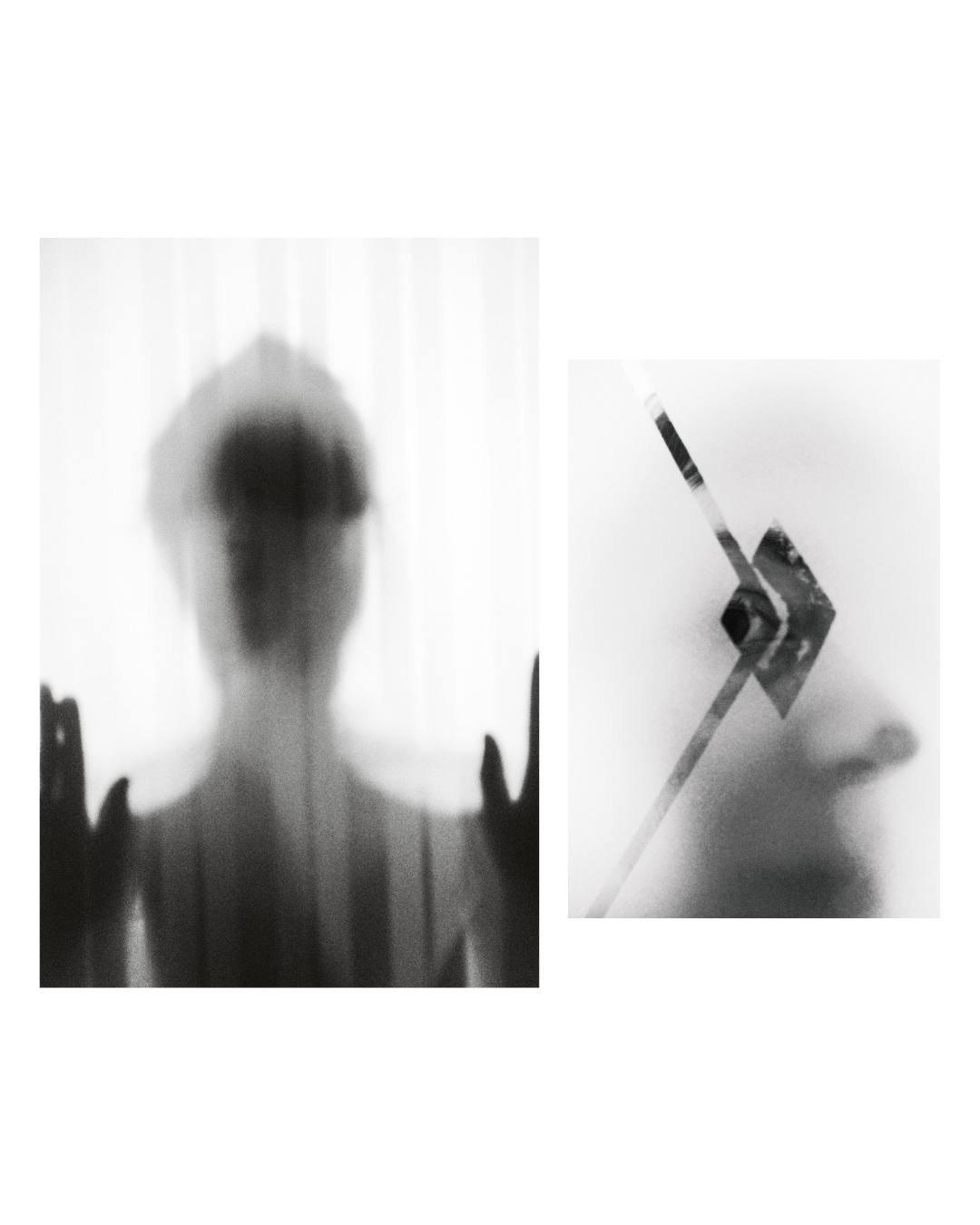 A blurred figure behind translucent patterned fabric, shown in black and white with bright light around the body.