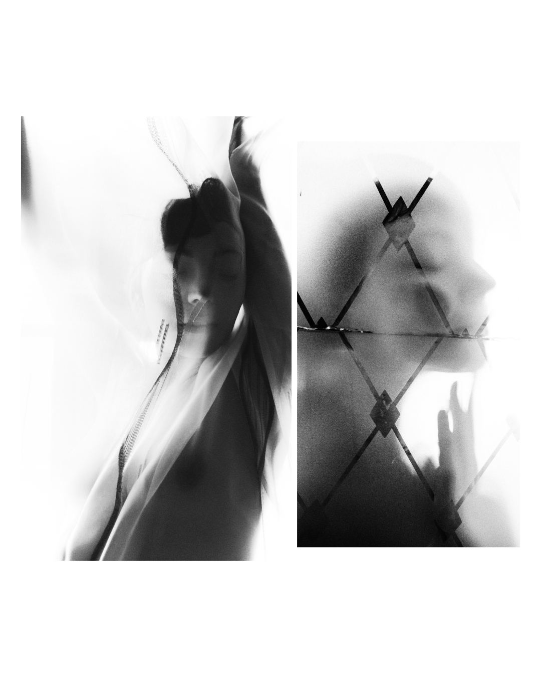 A figure's face and upper body partly obscured by translucent patterns, with dark shadows against pale light.