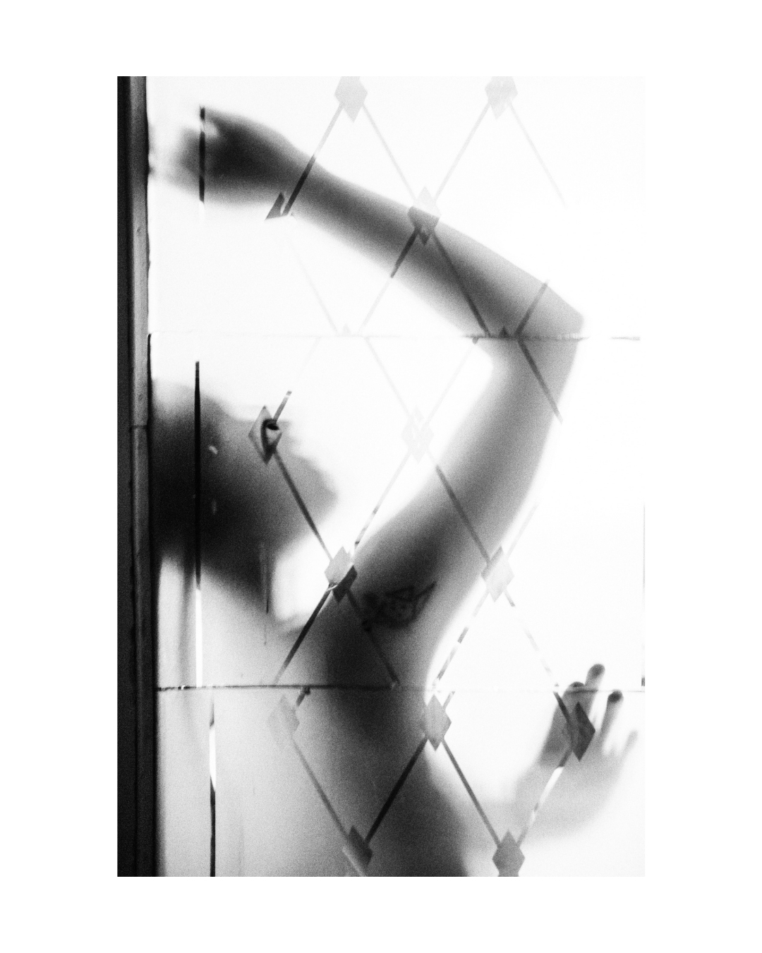 A figure seen through translucent patterns in black and white, by Lilit L Hovhanni.