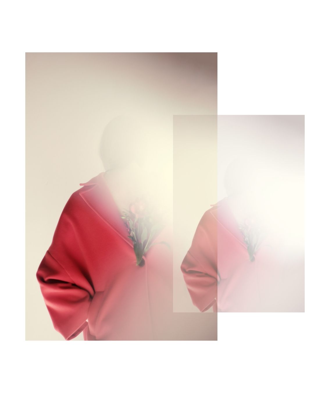 Figure in a red coat in a softly lit pale interior, in colour by Lilit L Hovhanni.