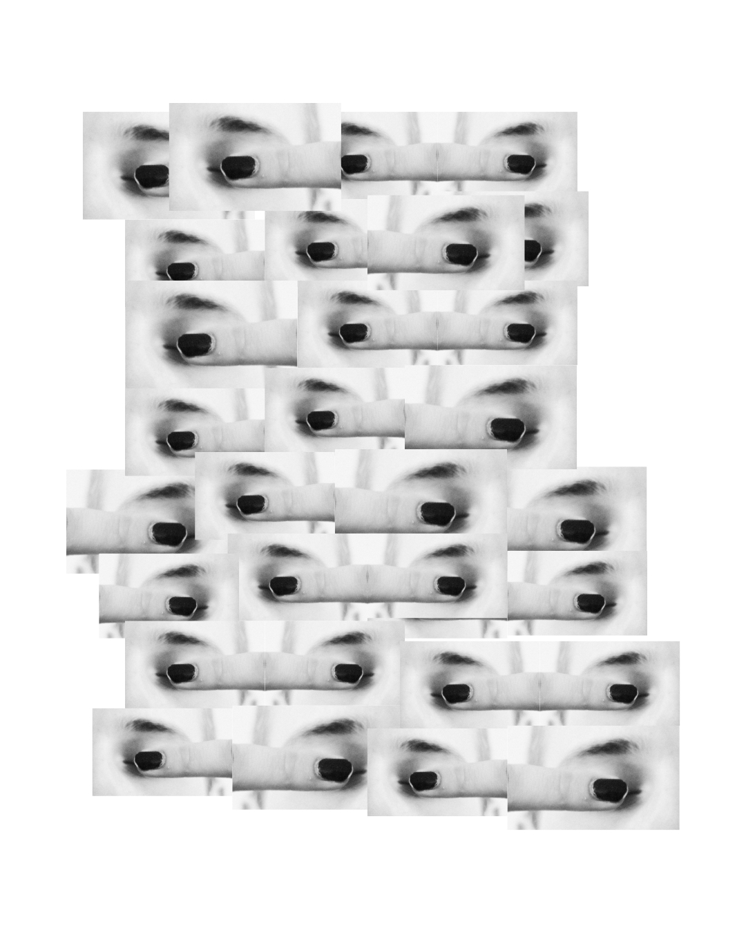 Facial features and a hand gesture in grayscale, set within a wide white border.