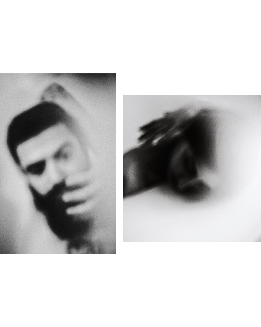 A figure with an obscured face on a pale background in black and white, by Lilit L Hovhanni.