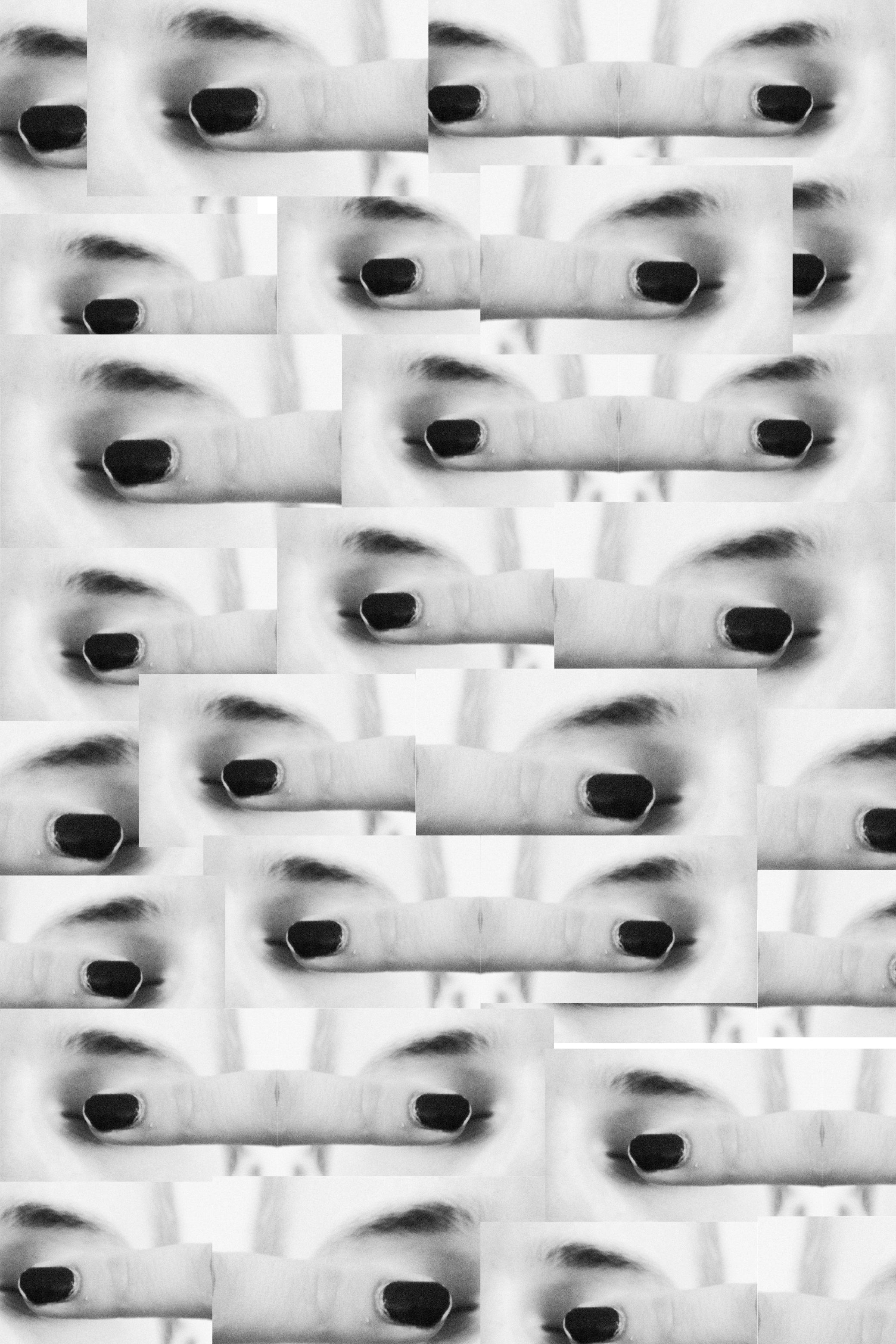 One face or gesture copied over and over into a single frame, in black and white.