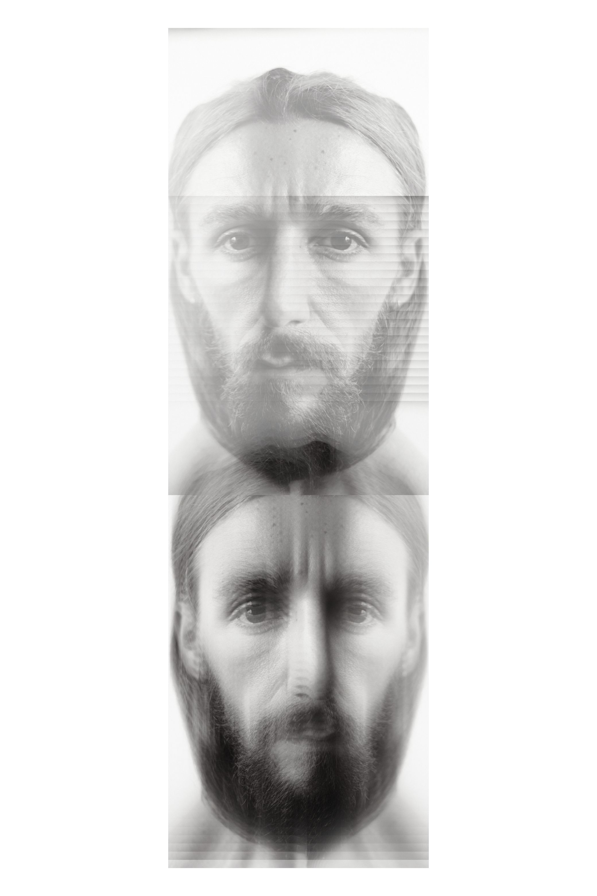 One face or gesture copied over and over into a single frame, in black and white.