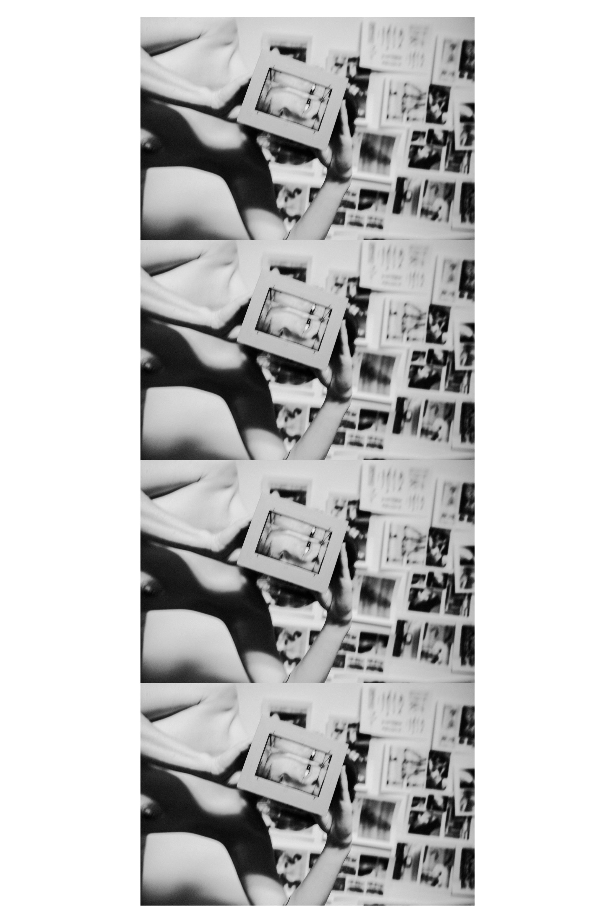 One face or gesture copied over and over into a single frame, in black and white.