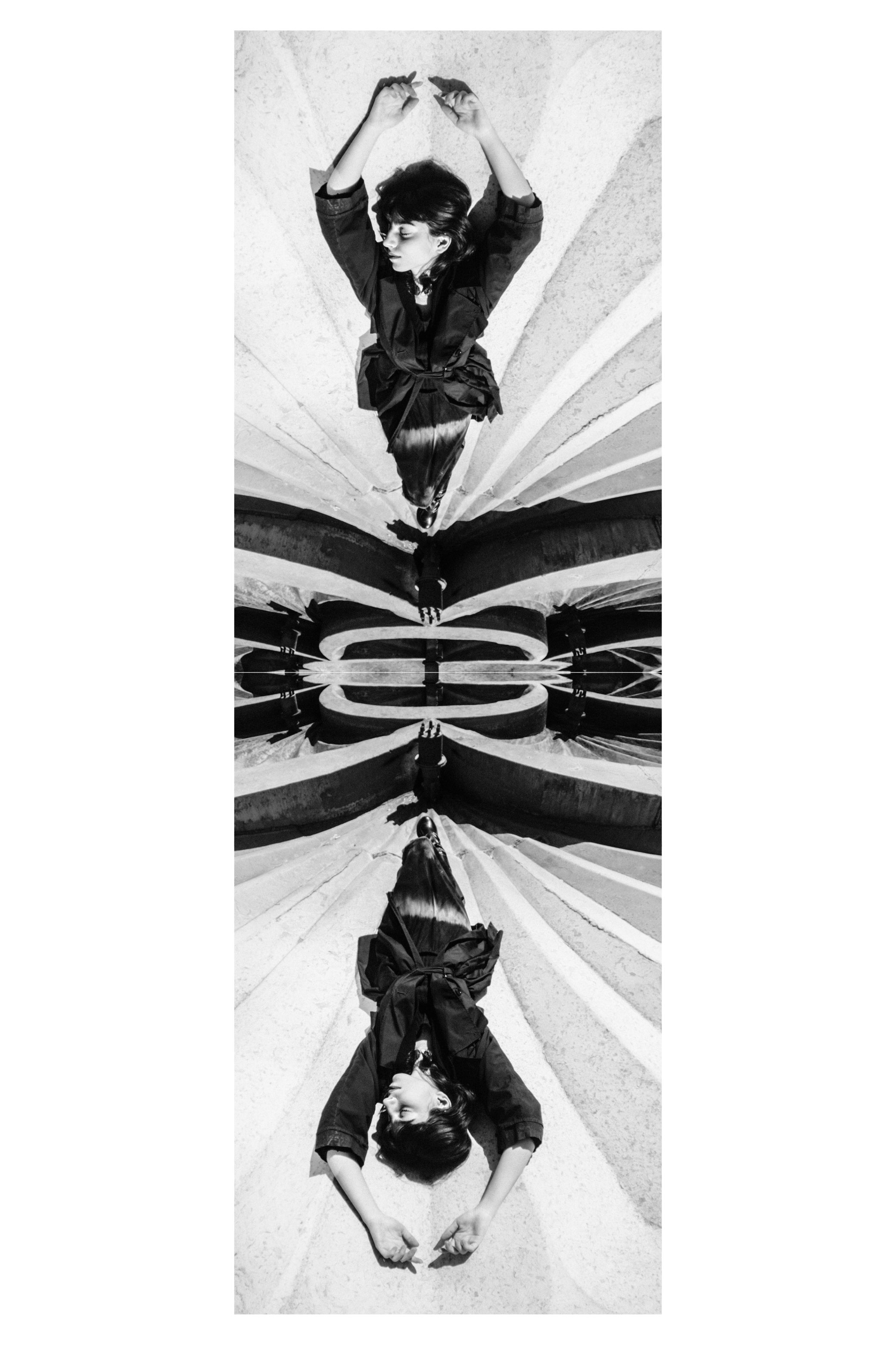 One face or gesture copied over and over into a single frame, in black and white.