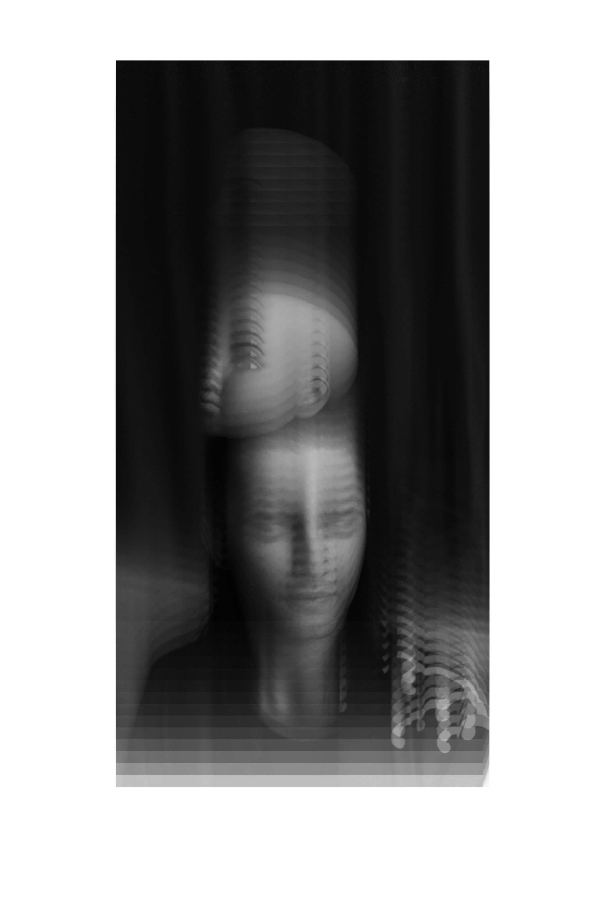 One face or gesture copied over and over into a single frame, in black and white.