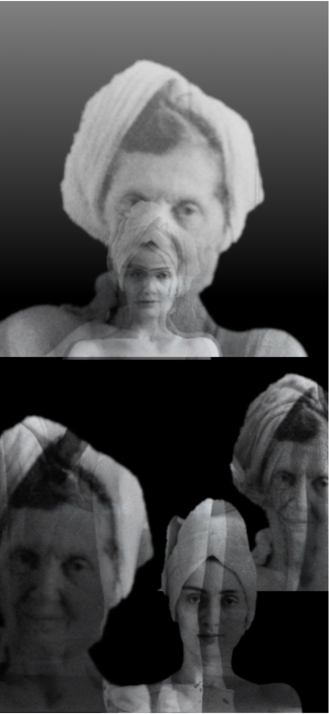 A frame from Chair of oblivion: an older and a younger woman in white head towels, their faces layered in black and white.